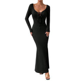 Women Dress U-Neck Slim Fit Long Sleeve Narrow Dress