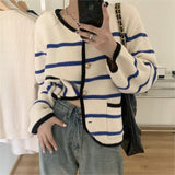 Women Knitwear Autumn and Winter Striped round Neck Sweater Loose Knitted Cardigan