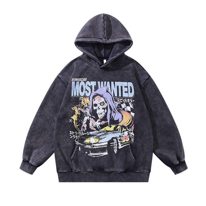 Men Hoodie Vintage Skull Printing plus Velvet Washed Loose Couple Hooded Sweater