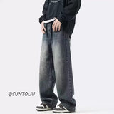Men Jeans Summer Retro Casual Pants Washed Loose Straight-Leg Wide-Leg Pants