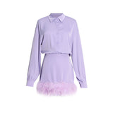 Women Dresses Short Skirt Spring Lapel Feather Long Sleeve Dress (Qymy0409)