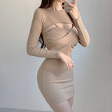 Women Dresses V-neck Cross Suspender Skirt Blouse Long Sleeve Hollow out Two-Piece Suit