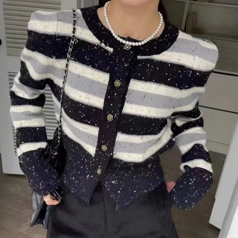 Women Knitwear Spring and Autumn Stripes round Neck Sweater Short Knitted Cardigan
