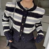 Women Knitwear Spring and Autumn Stripes round Neck Sweater Short Knitted Cardigan