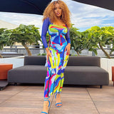 Women Dresses Fall Printed Mesh Slim Fit Patchwork Long Sleeve Dress