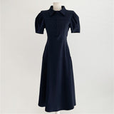 Women Dresses Polo Collar Lapel Puff Sleeve A- line Expansion Skirt Dress