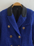 Women Suits Autumn Leisure Color Block Tweed Double Breasted Long Sleeve Suit Coat