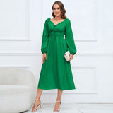 Women Date Dress Slim-Fit Long Sleeve V-neck Lace-up A- line Dress Lantern Sleeve Dress