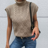 Women Knitted Sweater Autumn Solid Color Short Sleeve Turtleneck Sweater