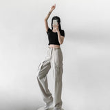 Women Sweatpants Multi-Pocket Casual Working Pants Women Loose Straight-Leg Wide-Leg Pants