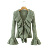 Women Sweater Knit Wear Large Wave Lapel Knitted Cardigan Ruffled Flared Sleeve Sweater