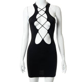 Women Dresses Summer Casual off-the-Shoulder Hollow-out Lace-up Short Dress (Bla0420)