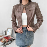 Women Leather Jacket Retro Short Slim-Fitting Biker Jacket Autumn Leather Coat Suede Jacket