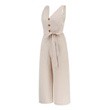 Women Date Dress Summer Sleeveless V-neck Slim Fit Tied Jumpsuit Straight-Leg Pants
