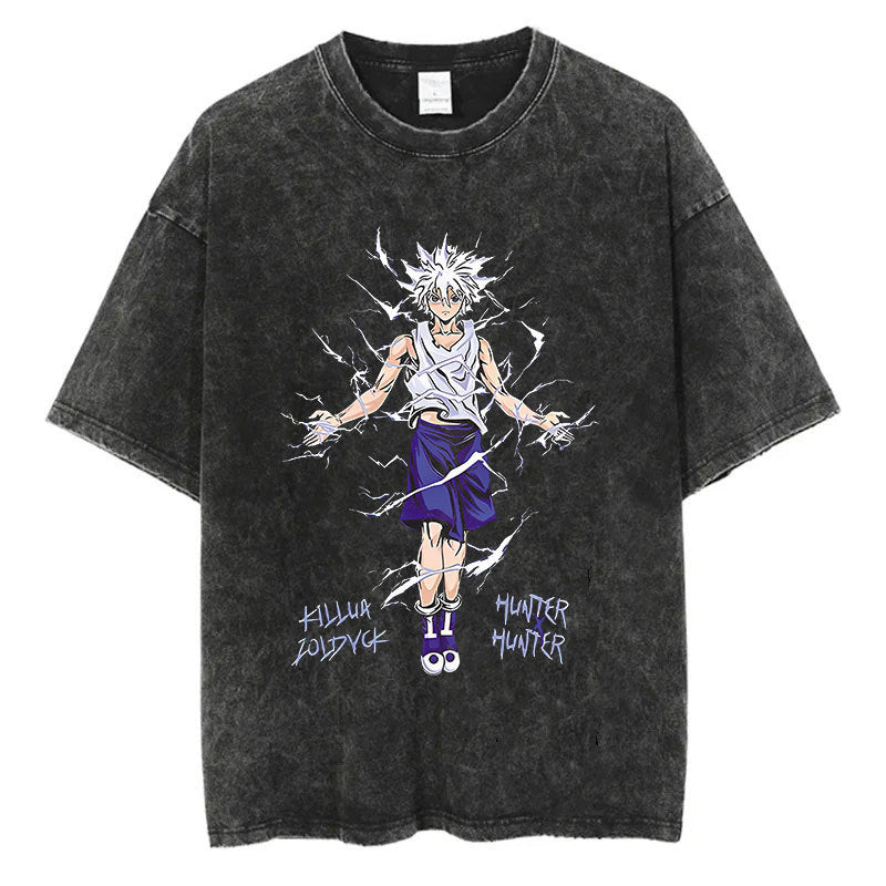Cotton Men Women Washed Vintage T-Shirt Anime Graphic Print