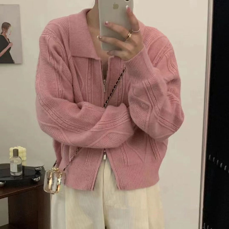 Women Knitted Cardigan Retro Plaid Double Zipper Lapel Knitted Cardigan Sweater Coat