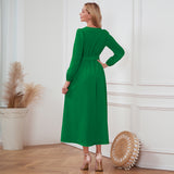 Women Date Dress Single-Breasted Cardigan Skirt V-neck Bubble Long Sleeve Dress