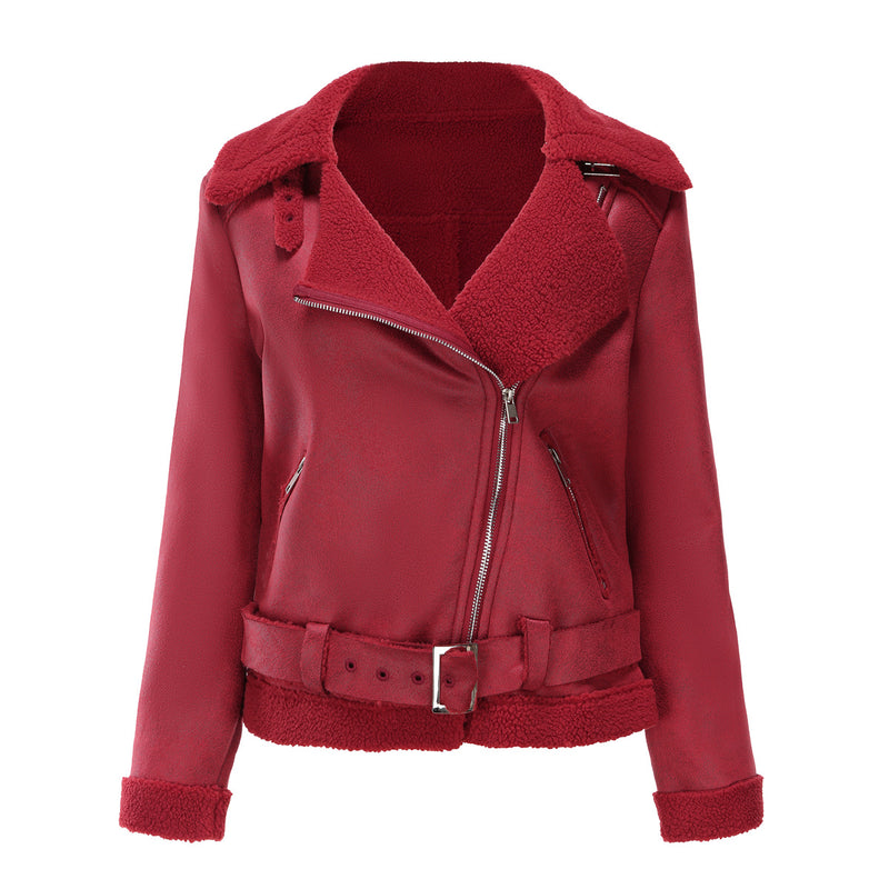 Red Leather Jacket Fall/Winter Suede Fabric Jacket Turn-down Collar Coat
