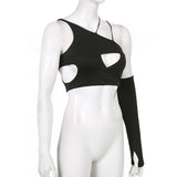 Women T-shirt Hollow out One-Shoulder Sleeve Sexy Nightclub Vest