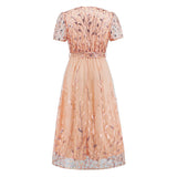 Women Date Dress Slim Fit Embroidered Leaves Sequin Gauze Dress Skirt