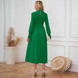Women Date Dress Stand Collar Long Sleeve Skirt