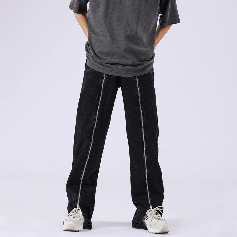 Men Jeans Vintage Zipper Adjustable Men and Women Straight-Leg Trousers