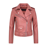 Women Leather Jacket Spring Solid Color Polo Collar Leather Coat