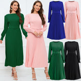 Women Date Dress Fall/Winter Slim Long Sleeve round Neck Pleated Long Dress