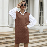 Women Knitted Sweater Autumn Solid Color and V-neck Vest Type Vest Knitted Sweater Dress