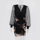Women Evening Gown Sexy Mesh Long Sleeve Stitching Sequins Dress