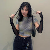 Women T-shirt Dotted Prints Mesh Oversleeve Casual Slim T-shirt