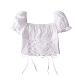 Women Tops Summer Vintage Court Style Puff Sleeve Square Collar Lace up Shirt