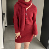 Women Knitted Two-Piece Set Cardigan Skirt Scarf Three-Piece Set Button Knitted Sweater Casual Suit 1t8852
