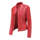 Red Leather Jacket Rivet Leather Clothing with Stand Collar