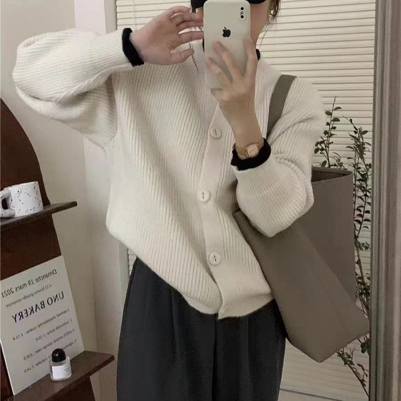 Women Knitwear Autumn and Winter round Neck Sweater Loose Knitted Cardigan