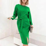 Women Dress Black Knitted Dress Autumn and Winter round Neck Long Sleeve Skirt