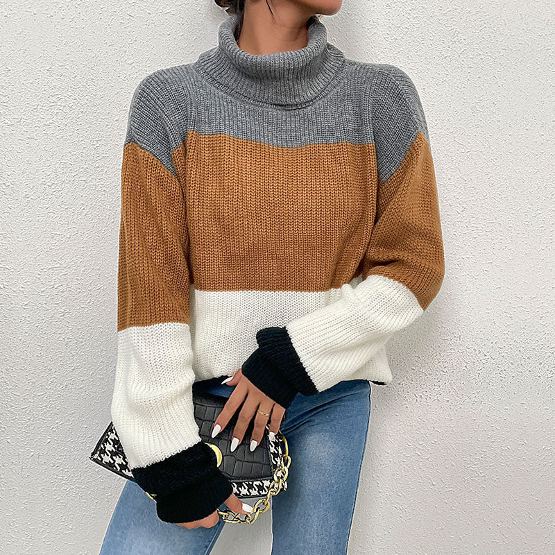 Women Knitted Sweater Autumn Loose Contrast Color Turtleneck Sweater