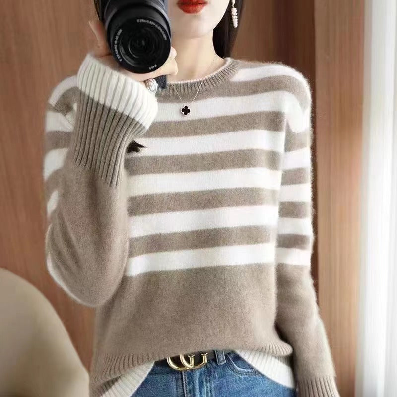 Women Knitwear Autumn and Winter Striped round Neck Sweater Loose Sweater