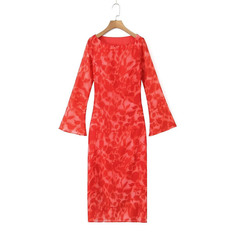 Women Dresses Summer Rose Printed Long Sleeve Dress Bell Sleeve Slim Fit Long Dress (Xds0414)