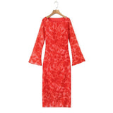 Women Dresses Summer Rose Printed Long Sleeve Dress Bell Sleeve Slim Fit Long Dress (Xds0414)