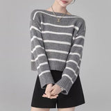 Women Knitted Pullover Autumn and Winter Leisure Loose Striped Knitted Long-Sleeved Top