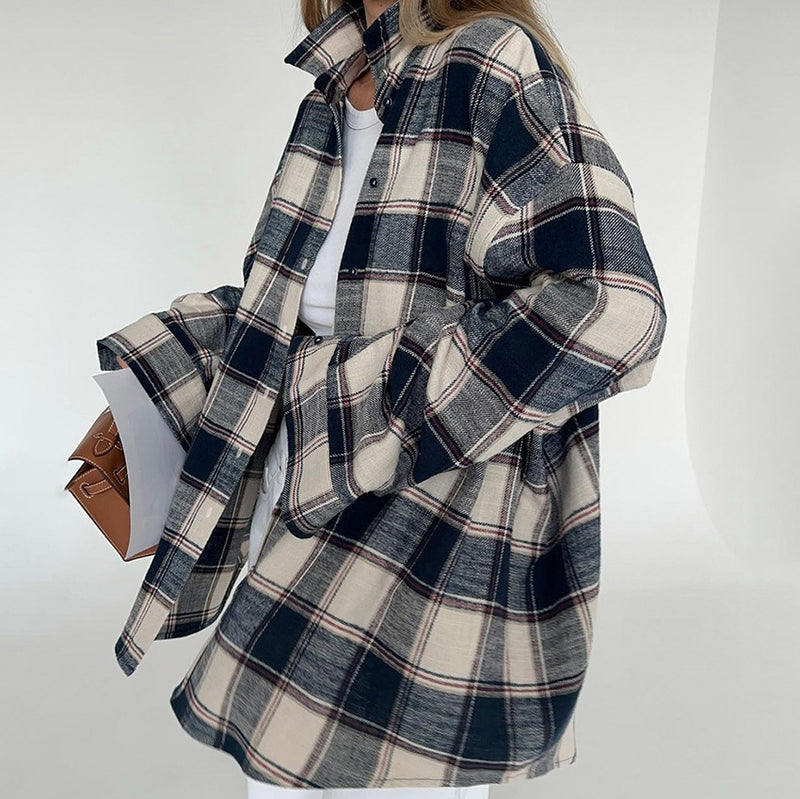 Women Trench Coat Winter Plaid Long Sleeve Shirt Loose Casual Jacket