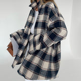 Women Trench Coat Winter Plaid Long Sleeve Shirt Loose Casual Jacket