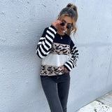 Women Knitted Sweater Loose round Neck Pullover Black and White Leopard Print Sweater