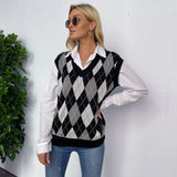 Women Knitted Sweater Autumn Plaid V-neck Thermal Knitting Sweater Vest for Women