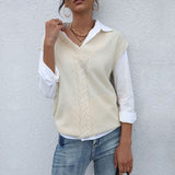 Women Knitted Sweater Autumn Casual Top Solid Color Cable-Knit Sweater Vest