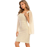 Women Evening Gown Sexy Casual Chiffon Long Sleeve Sequins Dress