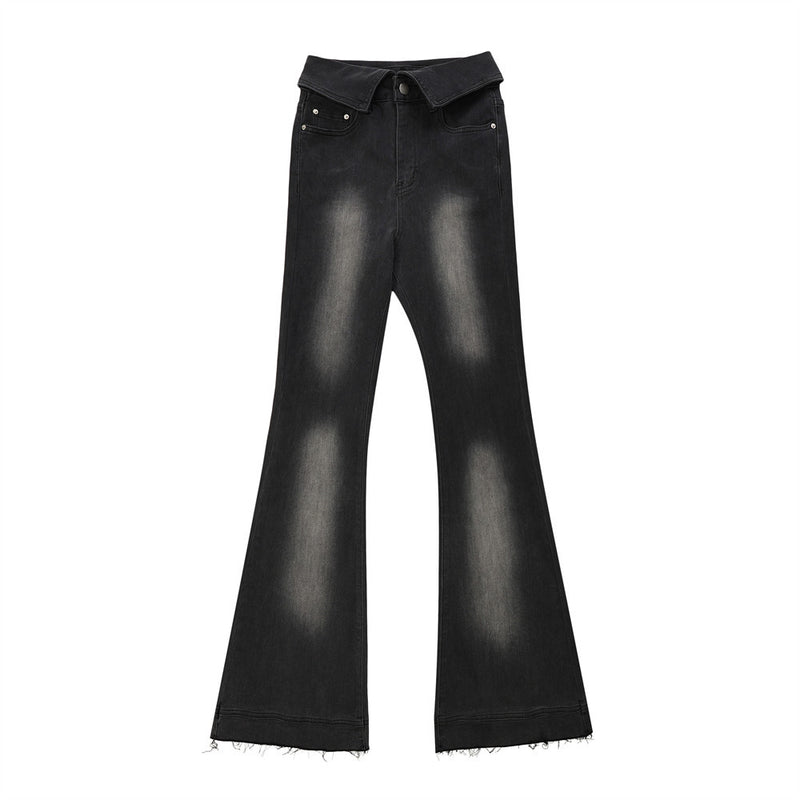 Women Pants Cuffed Denim Bell-Bottom Pants Loose-Fitting Wide-Leg Trousers