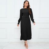 Women Date Dress Fall/Winter Slim Long Sleeve round Neck Pleated Long Dress