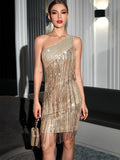 Women Evening Gown Sexy One-Shoulder Tassel Stitching Sequins Dress